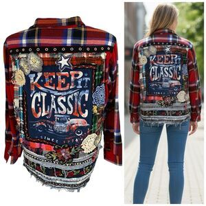Upcycled Flannel Jacket Shacket Womens 2X Patriotic Embroidered Festival OOAK